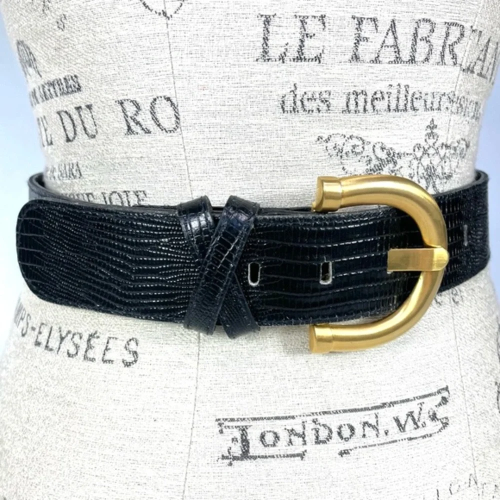Vintage Robbie Nelson Black Leather Belt Gold Buckle USA Womens 2XL